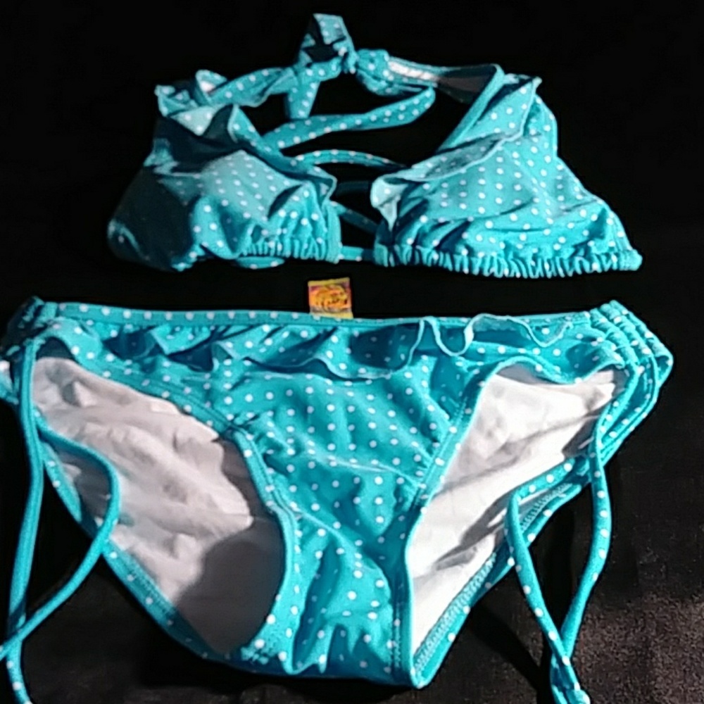 2 Pc. Bathing Suit S Blue with White Polka Dots
